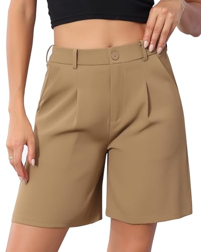 HMIYA Damen Shorts Bermuda Kurze Hose Leichte High Waist Lässig Sommer Shorts mit Taschen,Khaki,S von HMIYA