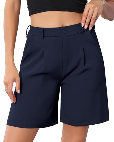 HMIYA Damen Shorts Bermuda Kurze Hose Leichte High Waist Lässig Sommer Shorts mit Taschen,Navy,L von HMIYA