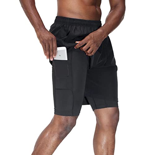 HMIYA Herren 2 in 1 Shorts Fitness Sporthose Kurz Jogginghose Schnelltrocknende Laufhose mit Kompressionsshorts und Taschen Reißverschlussfach(Schwarz,EU-XL/US-L) von HMIYA