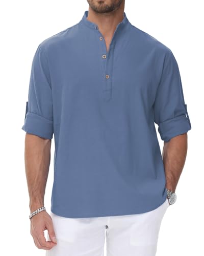 HMIYA Herren Sommerhemd Baumwolle Leinen Langarm Hemd Herren Henley-Kragen Lässiges Regular Fit Shirts von HMIYA