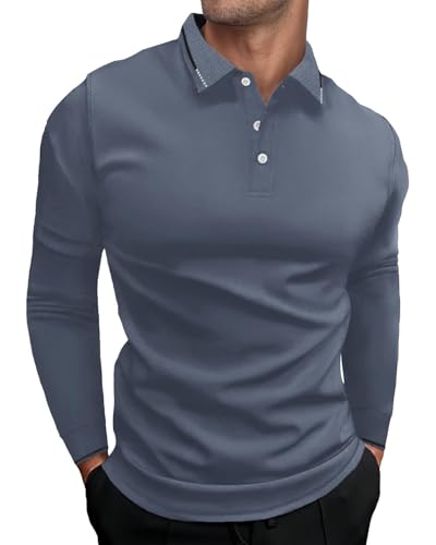 HMIYA Herren Poloshirt Langarm,Baumwolle,bequemes Polo mit lässigem Kragen,leichtes Langarmshirt,Blau,3XL von HMIYA