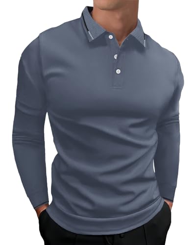 HMIYA Herren Poloshirt Langarm,Baumwolle,bequemes Polo mit lässigem Kragen,leichtes Langarmshirt,Blau,XL von HMIYA