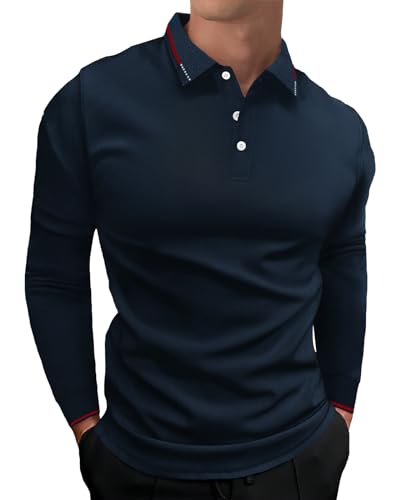 HMIYA Herren Poloshirt-Langarm Poloshirt aus Baumwolle atmungsaktiv Golf Casual T-Shirt,Navy,XXL von HMIYA