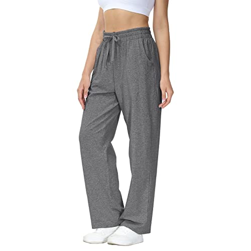 HMIYA Jogginghose Damen Baumwolle Freizeithose Lang offenem Boden Yogahose Sporthose Geradem Bein Hose mit Taschen (Dunkelgrau XXL) von HMIYA