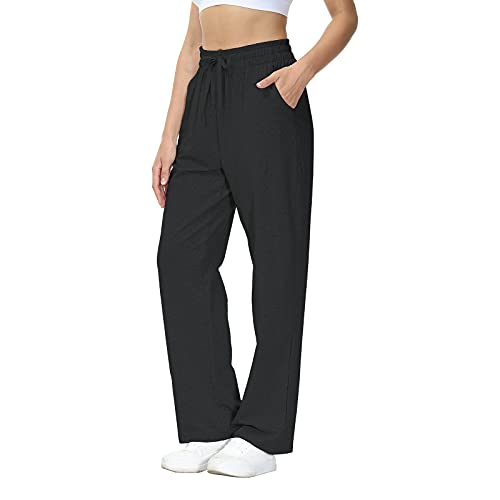 HMIYA Jogginghose Damen Baumwolle Freizeithose Lang offenem Boden Yogahose Sporthose Geradem Bein Hose mit Taschen (Schwarz XL-Lang) von HMIYA