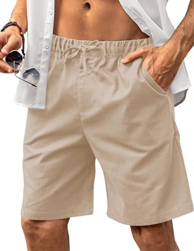 HMIYA Kurze Hosen Herren Leinen Shorts Leichte Bermuda Sommershorts Atmungsaktiv Leinenhose Kurz mit Taschen(Khaki,EU-3XL) von HMIYA