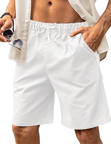 HMIYA Kurze Hosen Herren Leinen Shorts Leichte Bermuda Sommershorts Atmungsaktiv Leinenhose Kurz mit Taschen(Weiß,EU-L) von HMIYA
