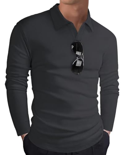 HMIYA Langarmshirt Herren Baumwolle Poloshirt Langarm Sweatshirt V-Ausschnitt Casual T-Shirts (Dunkelgrau,3XL) von HMIYA