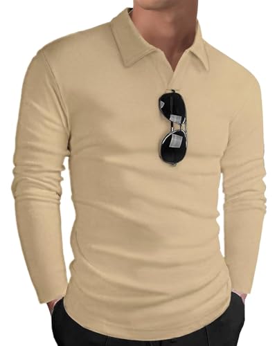 HMIYA Langarmshirt Herren Baumwolle Poloshirt Langarm Sweatshirt V-Ausschnitt Casual T-Shirts (Khaki,XL) von HMIYA