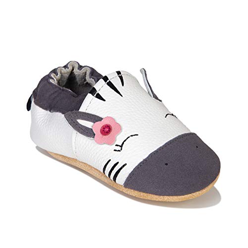 HMIYA Weiche Leder Krabbelschuhe Babyschuhe Lauflernschuhe mit Wildledersohlen für Jungen und Mädchen(12-18 Monate,Weiß) von HMIYA