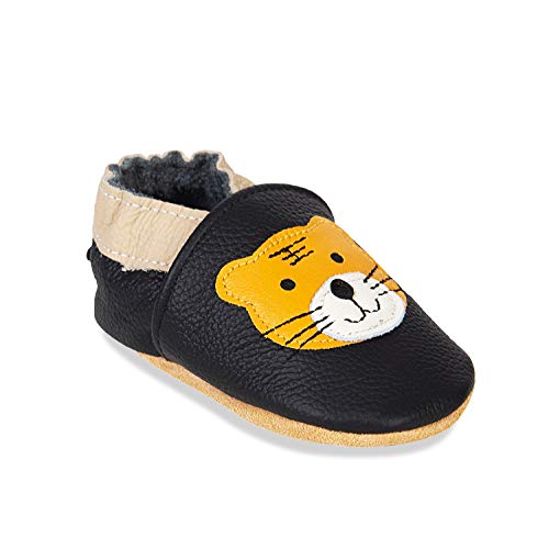 HMIYA Weiche Leder Krabbelschuhe Babyschuhe Lauflernschuhe mit Wildledersohlen für Jungen und Mädchen(6-12 Monate,Schwarz Tiger) von HMIYA