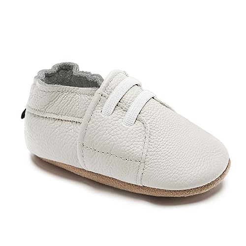 HMIYA Weiche Leder Krabbelschuhe Babyschuhe Lauflernschuhe mit Wildledersohlen für Jungen und Mädchen 0-6 Monate 6-12 Monate 12-18 Monate 18-24 Monate（0-6 Monate，Weiß） von HMIYA