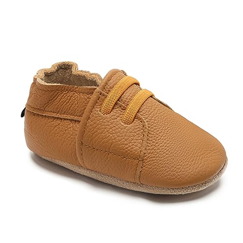 HMIYA Weiche Leder Krabbelschuhe Babyschuhe Lauflernschuhe mit Wildledersohlen für Jungen und Mädchen 0-6 Monate 6-12 Monate 12-18 Monate 18-24 Monate（18-24 Monate，Braun） von HMIYA