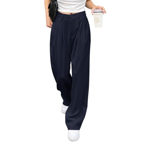 HMIYA Weite Hosen Damen-Lässig Locker Gerade Beinform Hohe Taille Stoffhose mit Tasche,Navy,L von HMIYA