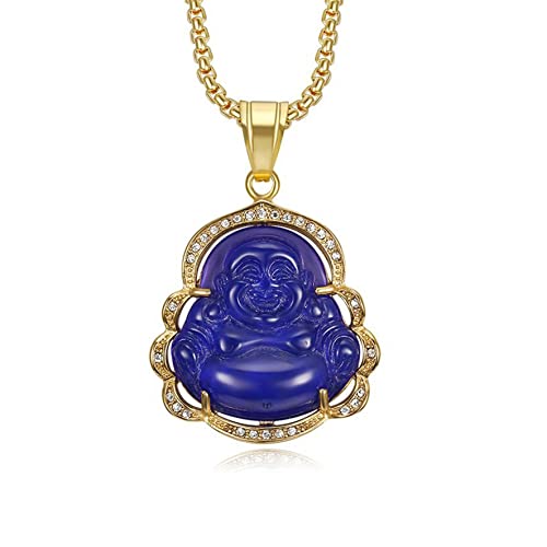 HMOOY Glückliche lachende Buddha Halsketten, Grüne Jade Buddha Halskette Buddha Zirkonia Anhänger Halskette mit 18 Karat vergoldeter Kette Feng Shui Amulett Schmuck für Damen Herren (Blau 1) von HMOOY