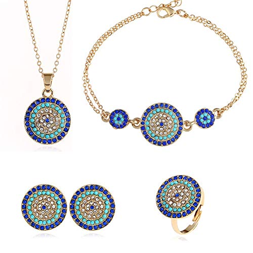 HMOOY Lucky Round Evil Eye Schmuckset Gold Inspirierend Türkisch Hamsa Blau Zirkonia Kristall Evil Eye Anhänger Halskette Ring Armband Ohrstecker Sets Für Mädchen Frauen (Blue) von HMOOY