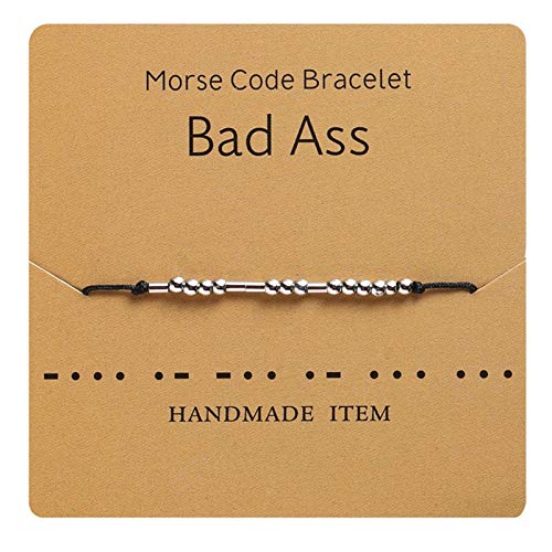HMOOY Morsecode Armband versilberte Perlen auf Seidenschnur Freundschaftsarmband Geheime Botschaft Morris Schmuck für Frauen Männer Geschenk für sie Ihn (Bad Ass) von HMOOY