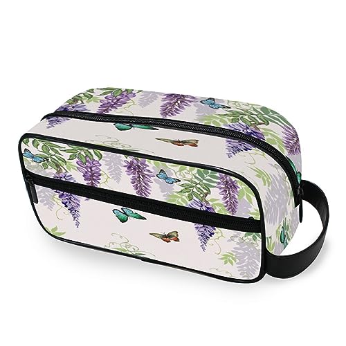 Tragbare Kulturtasche Frühling Schmetterling Lavendel Blätter Reise Waschtasche Multifunktions Kosmetiktasche Make-up Beutel Aufbewahrungstasche für Frauen Männer Jungen Mädchen, multi von HMZXZ