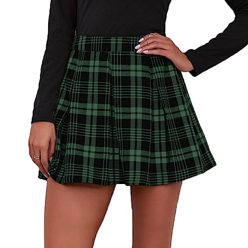 HNJZX Damen Faltenrock Mini Skater Basic Rock Casual Flared Skater Schule Cheerleader Grün L von HNJZX