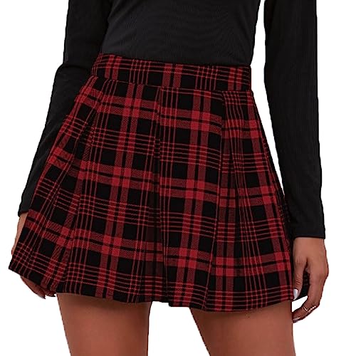 HNJZX Damen Schulmädchen-Stil Faltenrock Elastische Hohe Taille Minirock Dehnbar Faltenrock Skater Tennis Basic Mini Rock Rot XL von HNJZX