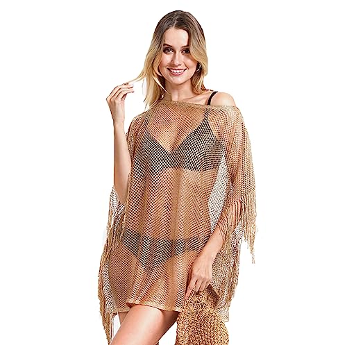 HNJZX Frauen Badeanzüge Cover Ups Crochet Badeanzug Quaste Bikini Coverup Strand Bademode Ärmel Coverups Bikini Cover Up Netz (Gold) von HNJZX