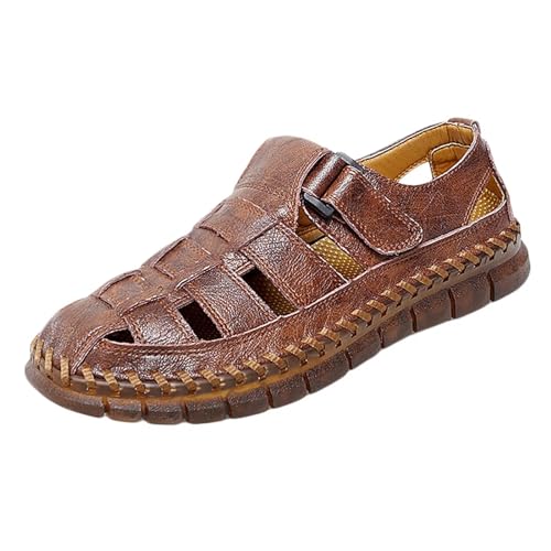 Herren Leder Sandale Geschlossene Zehe Wandersandale Trekkingsandalen Strand Sandale Atmungsaktive Outdoorschuhe Sommer Freizeitschuhe Männer Fischer Sandale von HNVAVQ