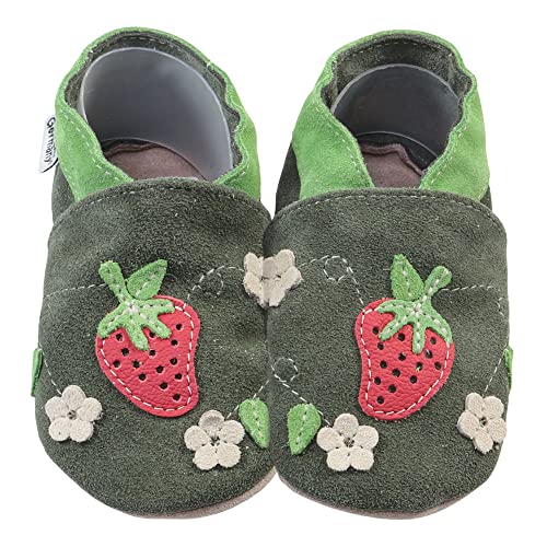 HOBEA-Germany Krabbelschuhe für Jungs und Mädchen in verschiedenen Designs, Kinderhausschuhe, Lederschuhe, Schuhgröße:20/21, Modell Schuhe: Erdbeere Oliv von HOBEA-Germany