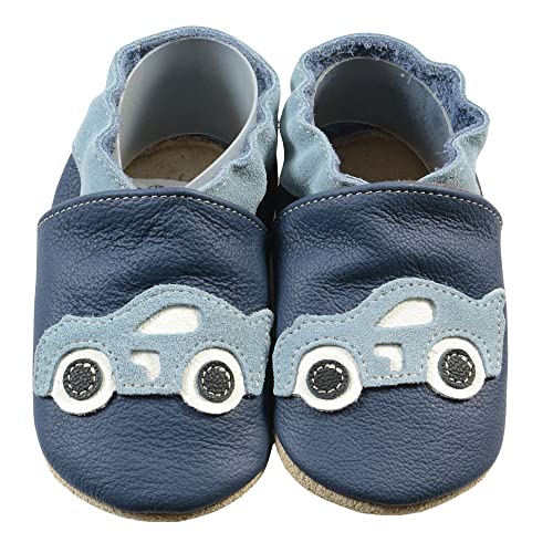 HOBEA-Germany Krabbelschuhe für Jungs und Mädchen in verschiedenen Designs, Kinderhausschuhe, Lederschuhe, Schuhgröße:24/25, Modell Schuhe: Rennauto dunkelblau von HOBEA-Germany