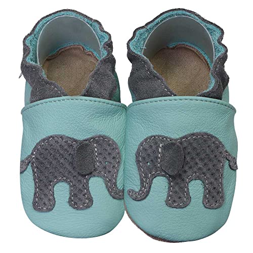 HOBEA-Germany Krabbelschuhe für Jungs und Mädchen in verschiedenen Designs, Kinderhausschuhe Jungen, Lederschuhe, Schuhgröße:20/21, Modell Schuhe: Elefant hellblau von HOBEA-Germany