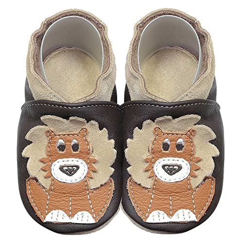 HOBEA-Germany Krabbelschuhe für Jungs und Mädchen in verschiedenen Designs, Kinderhausschuhe Jungen, Lederschuhe, Schuhgröße:26/27, Modell Schuhe: Löwe Dunkelbraun von HOBEA-Germany