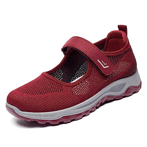 HOBTEC Damen-Turnschuhe, rutschfeste Schuhe, verstellbare Mary-Jane-Schuhe(Color:Red,Size:36 EU) von HOBTEC