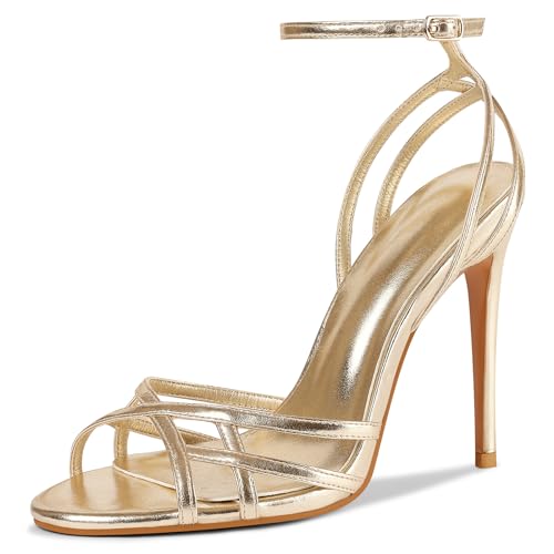 Damen Slingback Stiletto High Heels Offene Quadratische Zehen-Sandalen Riemchen Schnalle Heels Sexy Kleid Schuhe, Gold, 41 EU von HOCHFART