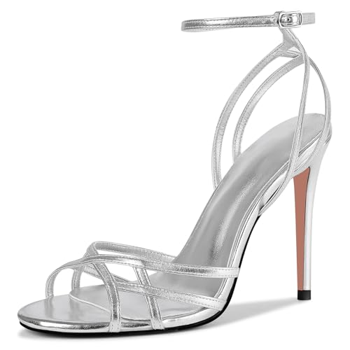 Damen Slingback Stiletto High Heels Offene Quadratische Zehen-Sandalen Riemchen Schnalle Heels Sexy Kleid Schuhe, silber, 38.5 EU von HOCHFART