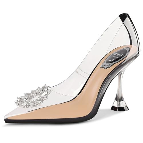 HOCHFART Damen-Pumps mit klaren Absätzen, Strass, Slingback, Kristall, spitzer Zehenbereich, Slipper, transparent, Pumps mit hohem Absatz, Schwarz, 37 EU von HOCHFART