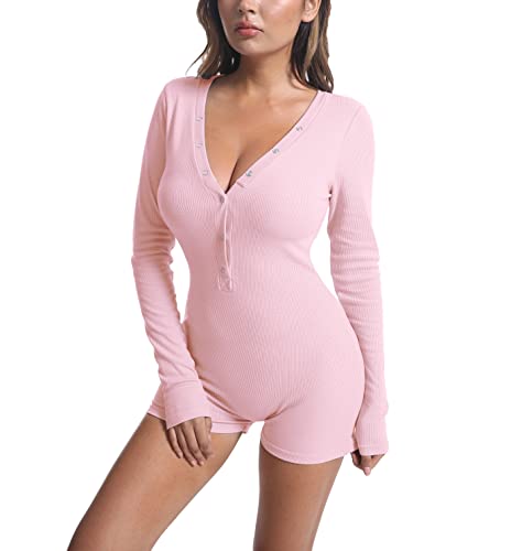 HOKOYI Damen Sexy Gerippter Einteiler Jumpsuit Sommer Ärmellos Tank Top Bodycon Kurz Strampler, Langärmliges Pink, S von HOKOYI