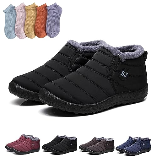 HOKUTO Boojoy Stiefel, Boojoy Winterschuhe, Pelz Futter wasserdichte warme Stiefel mit 5-Paar Socken (Black,43) von HOKUTO