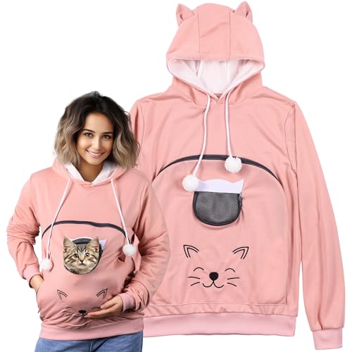 HOMELEVEL Pullover Katzentasche - Katzen Hoodie mit Tasche - Hoodie mit Katzentasche warm - Pulli mit Hundetasche - Pullover mit Katzentasche Damen - Katzentragepullover von HOMELEVEL