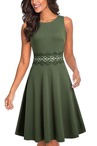 HOMEYEE Damen Vintage Rundhalsausschnitt ärmellosen Blumen Bestickt knielangen Cocktailkleid UKA079 (EU 36 = Size S, Olive) von HOMEYEE