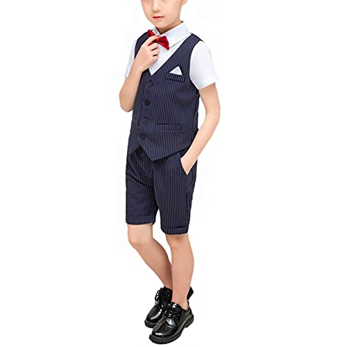 HONGBI 2-12 Jahre Kinder Junge Anzug 4 Stück Kinder Anzug Set Sommer Taufe Hochzeit Anzüge Gentleman Weste + Kurzarm Hemd + Kurze Hose + Fliege Kinderanzug Festlich Outfit von HONGBI