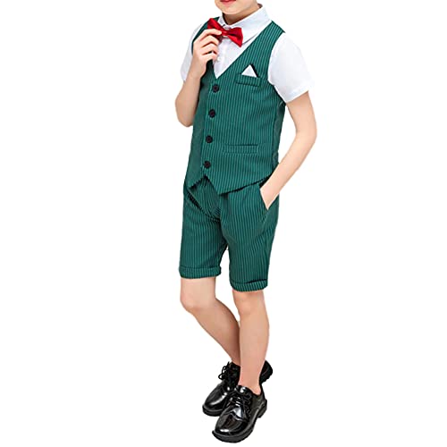 HONGBI 2-12 Jahre Kinder Junge Anzug 4 Stück Kinder Anzug Set Sommer Taufe Hochzeit Anzüge Gentleman Weste + Kurzarm Hemd + Kurze Hose + Fliege Kinderanzug Festlich Outfit von HONGBI