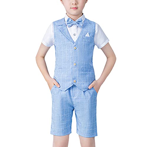 HONGBI 4-Teiliger Kinder Anzug Set,Junge Festliche Kleidung Sommer Hochzeit Anzüge Jungen Weste Anzüge,Kinderanzug Weste+Kurzarm Hemd+Kurze Hose/Shorts+Fliege,Geburtstag Party Taufe Bekleidungssets von HONGBI