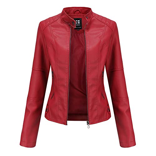 HONGBI Damen Kurze Kunstlederjacke Schlanke Lederjacke mit Stehkragen Dünne Frühlingsjacke Übergangsjacke Kunstleder Jacke mit Gürtel,Frauen Lässige Motorradjacke Bikerjacke mit Reißverschluss XXL von HONGBI