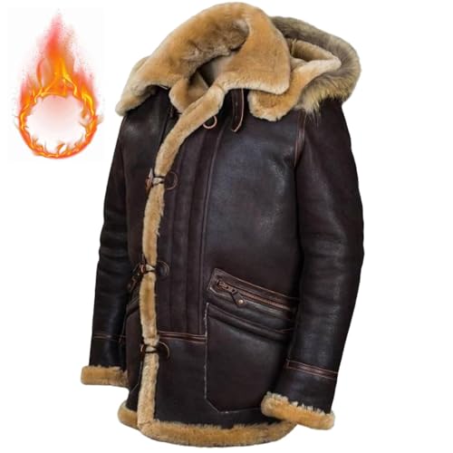 HONGCUICUI Jacke Pilot aus Schaffell B-7 Arctic Parka Art.208, Winterwarmes Leder für Herren, abnehmbare Fliegerjacke mit Kapuze, abnehmbarer Jackenmantel mit Kapuze aus Lammfell (3XL,Braun) von HONGCUICUI