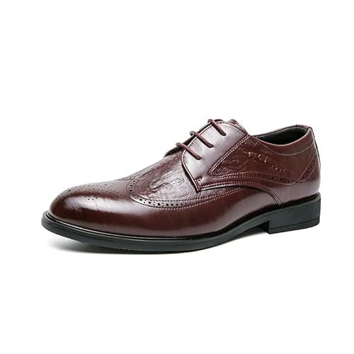 HOOENG Abendschuhe for Herren, Schnürschuhe, runde Zehenpartie, Brogue, geprägte Flügelspitze, Kunstleder, Derby-Schuhe, niedrige Oberseite, Gummisohle, rutschfest(Color:rot,Size:38 EU) von HOOENG