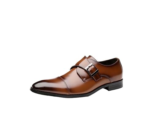 HOOENG Anzugschuhe for Herren for Hineinschlüpfen mit spitzem, brüniertem Zehenbereich, Lederkappe, Monk-Riemen-beständig, rutschfeste Gummisohle, Rutschfester Blockabsatz (Color : Braun, Size : 45 von HOOENG