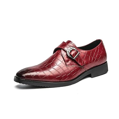 HOOENG Formale Herren-Schuhe for Hineinschlüpfen mit runder Zehenpartie, Karomuster, geprägter Mönchsriemen, Gummisohle, niedriger Schaft, Blockabsatz, rutschfestes Gehen (Color : rot, Size : 41 EU von HOOENG