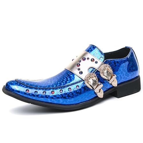 HOOENG Schuhe Kleid Oxford for Männer Slip On Nieten Dekoration Doppel Monk Strap Zweifarbiges Kunstleder Low Top rutschfeste Gummisohle Lässig (Color : Blau, Size : 37 EU) von HOOENG