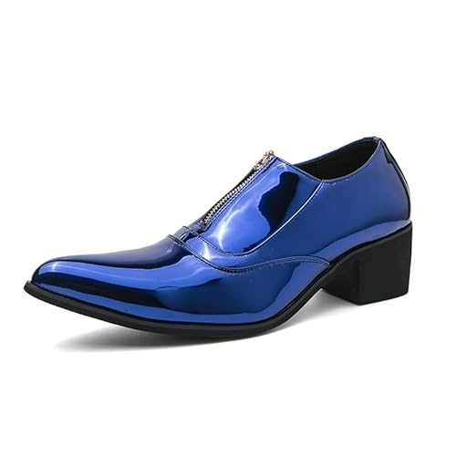 HOOENG Schuhe Kleid Oxford for Männer Slip On Spitz Zehen Lackleder mit Reißverschluss Hoher Absatz rutschfest Rutschfester Blockabsatz Lässig (Color : Blau, Size : 38 EU) von HOOENG