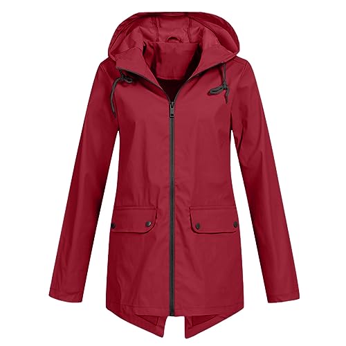 HOOUDO Regenjacke Damen Wasserdicht Atmungsaktiv Lang Regenmantel Schwarz Softshelljacke Outdoorjacke Übergangsjacke Leichte Jacke mit Kapuze für Frühlings Herbst zum Wandern Fahrrad von HOOUDO