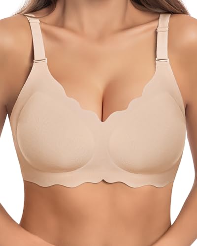 HORISUN Damen-BH gewellt nahtlos V-Ausschnitt Spitze Blumenmuster drahtlos Bralette Feste Polsterung ohne Bügel BH (Milchkaffee M) von HORISUN